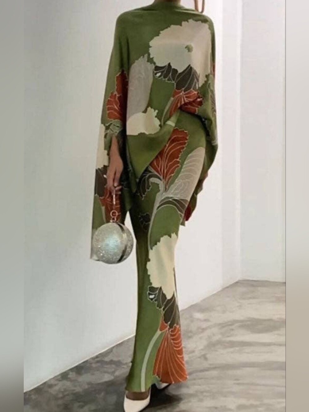 Elegant Olive Floral Top And Skirt.